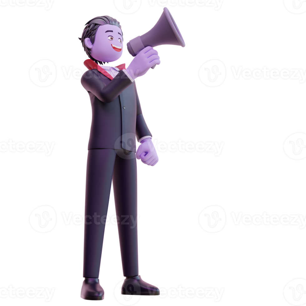 3d vampire character holding megaphone, Happy halloween. png