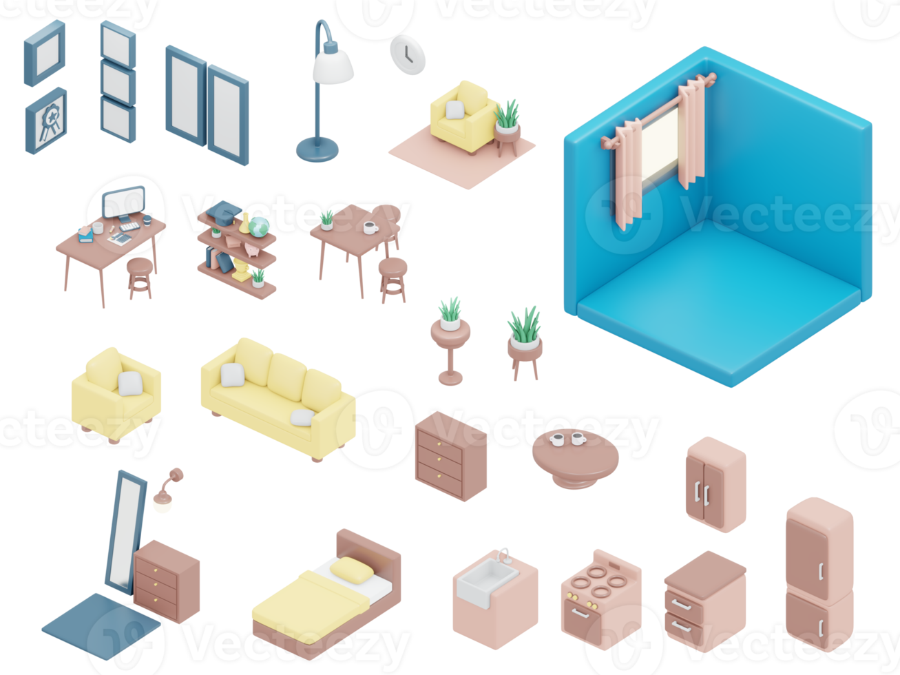 3d tolkning isometrisk av hus möbel ikon för levande rum kök sovrum kontor och tömma rum med fönster isolera på vit för klistermärke eller kommersiell design. 3d framställa tecknad serie illustration. png