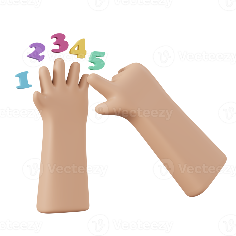 3D Rendering of math hand of kid counting finger back to school isolated on white background. 3d render illustration cartoon style. png