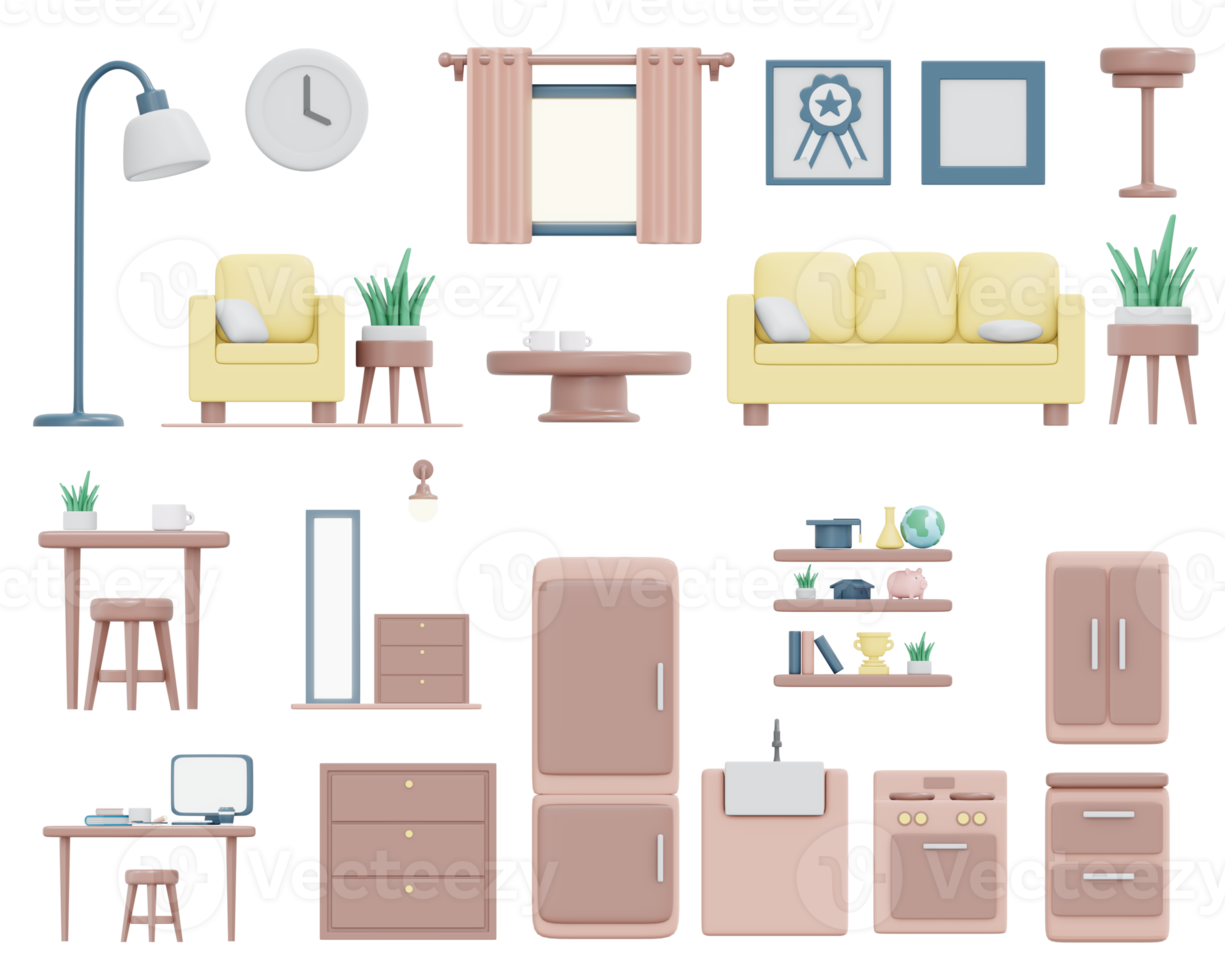 3D rendering elevation of house furniture icon for living room kitchen and office isolate on white for sticker or commercial design. 3D render cartoon illustration. png
