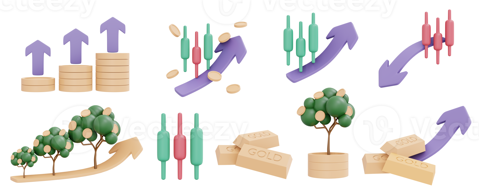 Representación 3D del concepto de conjunto de iconos de dinero de árbol de dinero del mercado de valores de inversión y oro aislado sobre fondo blanco. estilo de dibujos animados de ilustración de procesamiento 3d. png