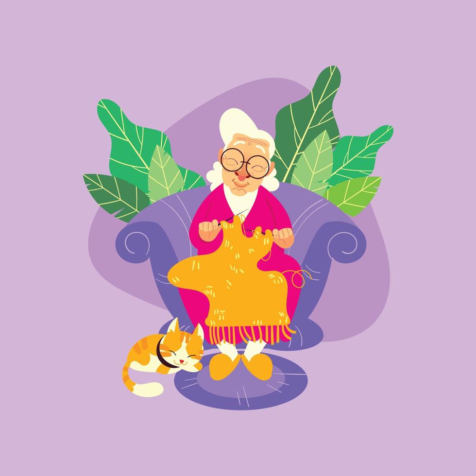 una abuela tejiendo con su gato dormido vector