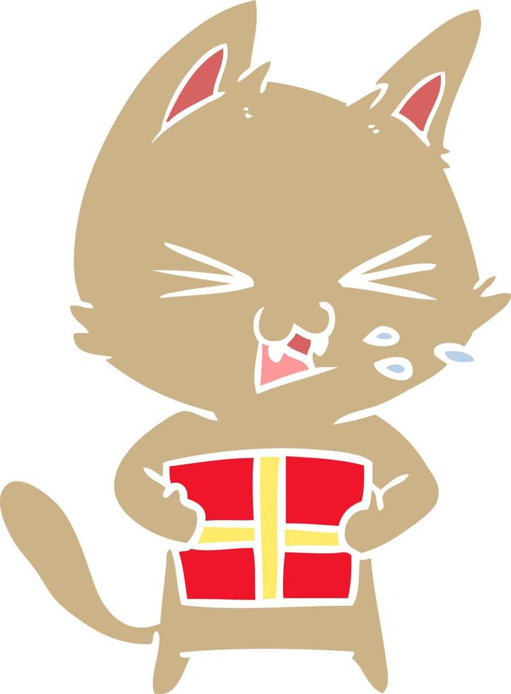 flat color style cartoon hissing cat with christmas present vector