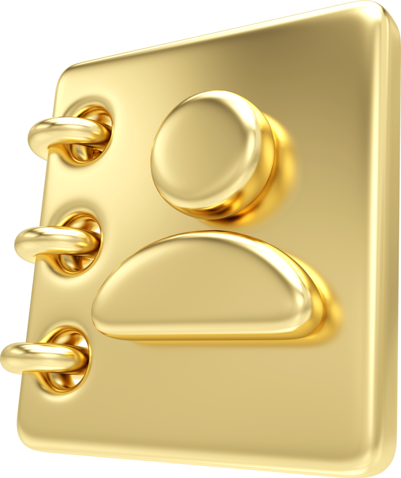 Gold Address book icon. 3d contact note. Phone book, contacts book or notebook. Contact information, business partners, digital communication concept. 3d rendering png