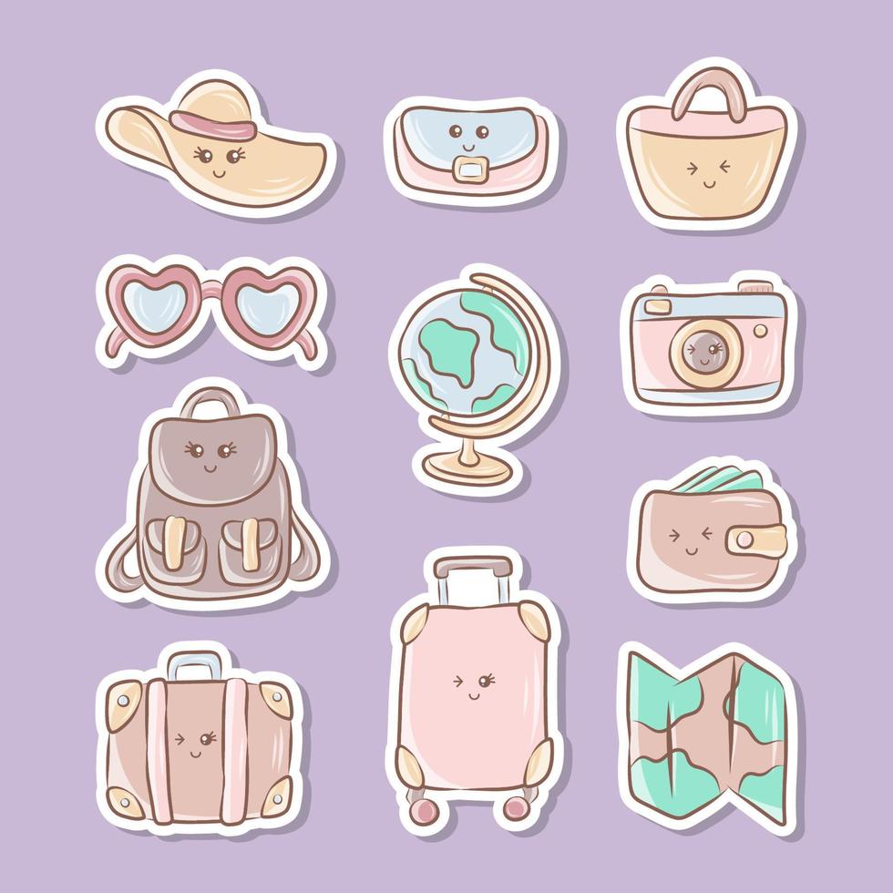 Kawaii Traveling Icon Cute Cartoon Sticker collection vector