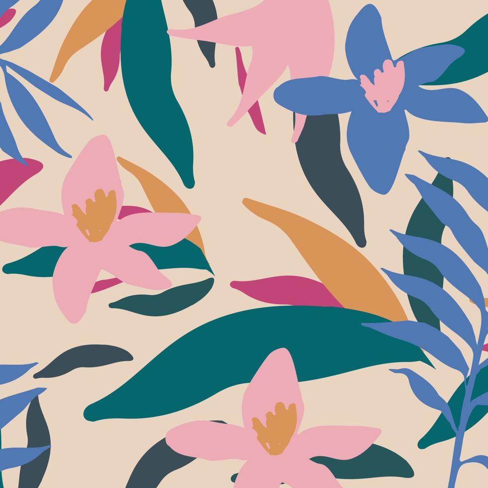 Cute garden flowers and leaves colorful pattern. Botanical vector illustration design for fashion, fabric, wallpaper, cards, prints