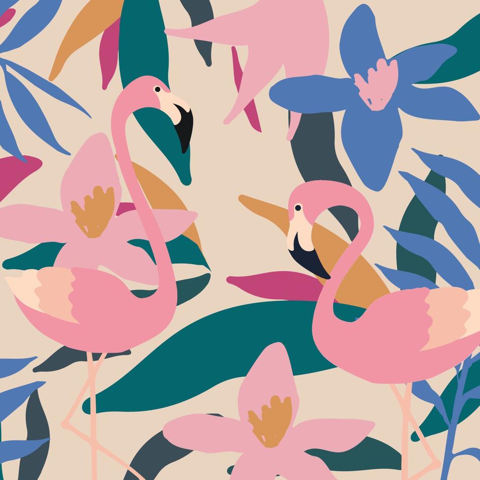 lindas flores y hojas de jardín con un patrón colorido de flamencos. pájaros flamencos con elementos botánicos, diseño de ilustraciones vectoriales para moda, tela, papel pintado, tarjetas, estampados vector
