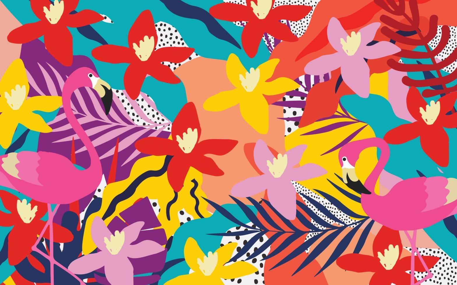 lindas flores y hojas de jardín con un patrón colorido de flamencos. pájaros flamencos con elementos botánicos, diseño de ilustraciones vectoriales para moda, tela, papel pintado, tarjetas, estampados vector