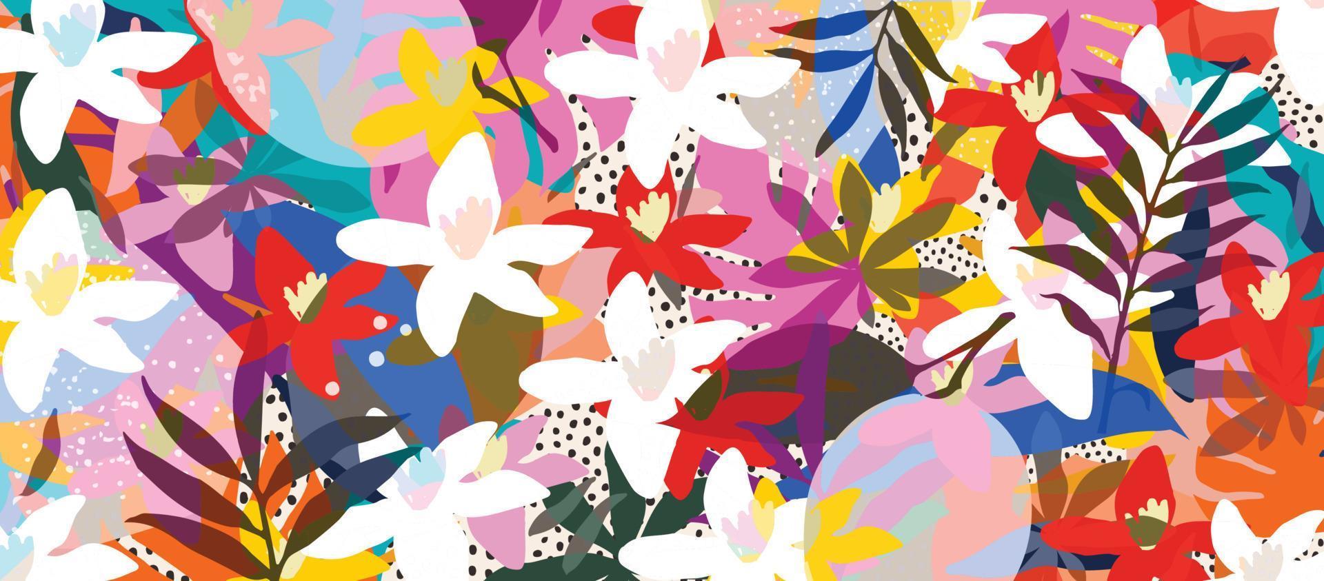 Cute garden flowers and leaves colorful pattern. Abstract art nature background vector illustration. Botanical design for banner, wall art, cards, prints and fabrics
