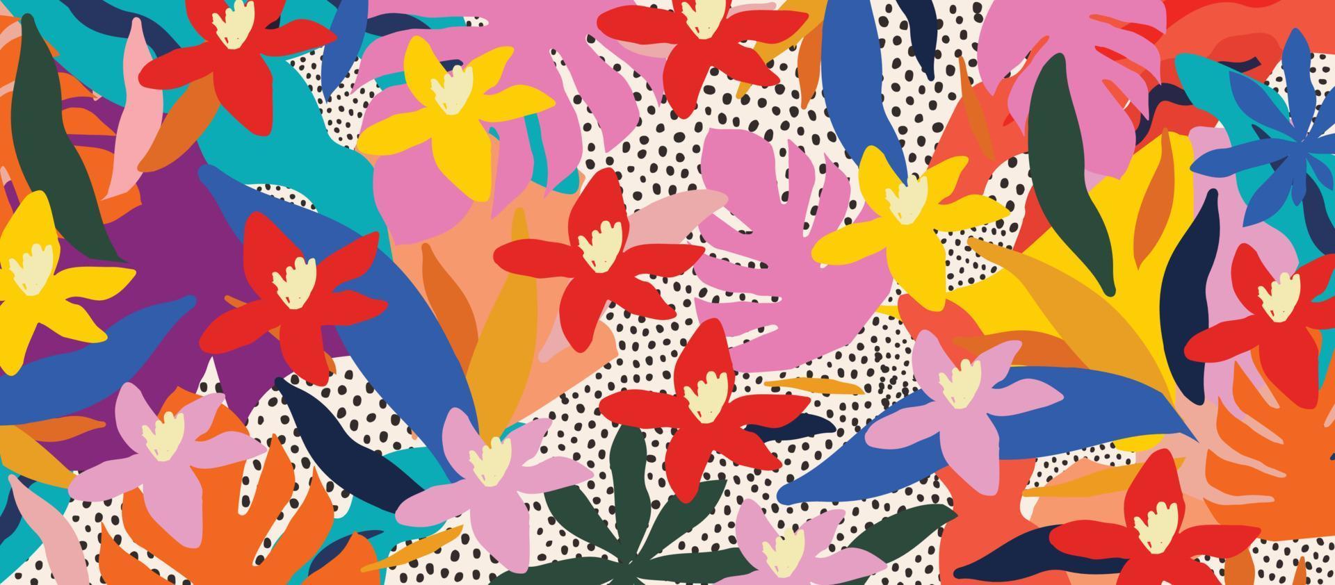 Cute garden flowers and leaves colorful pattern. Abstract art nature background vector illustration. Botanical design for banner, wall art, cards, prints and fabrics