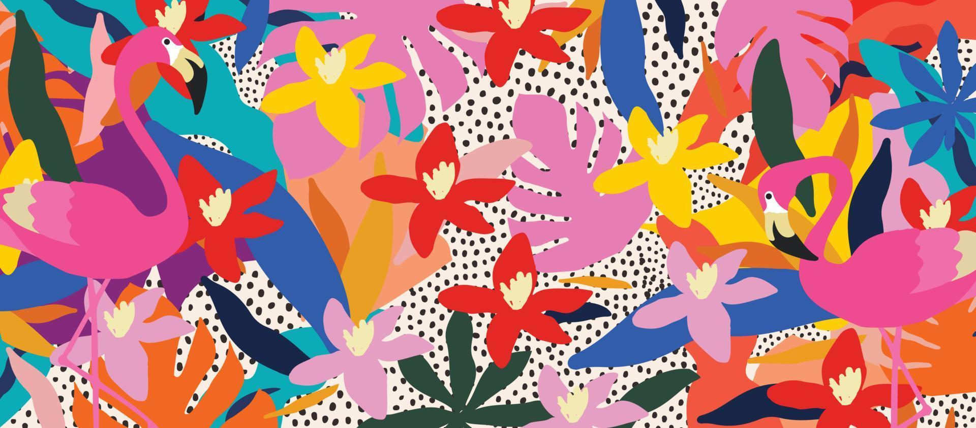 lindas flores y hojas de jardín con un patrón colorido de flamencos. pájaros flamencos con elementos botánicos, diseño de ilustraciones vectoriales para moda, tela, papel pintado, tarjetas, estampados vector