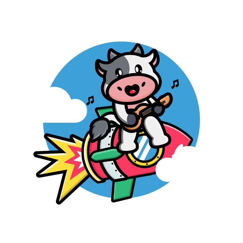 Cute cow playing guitar on the rocket vector