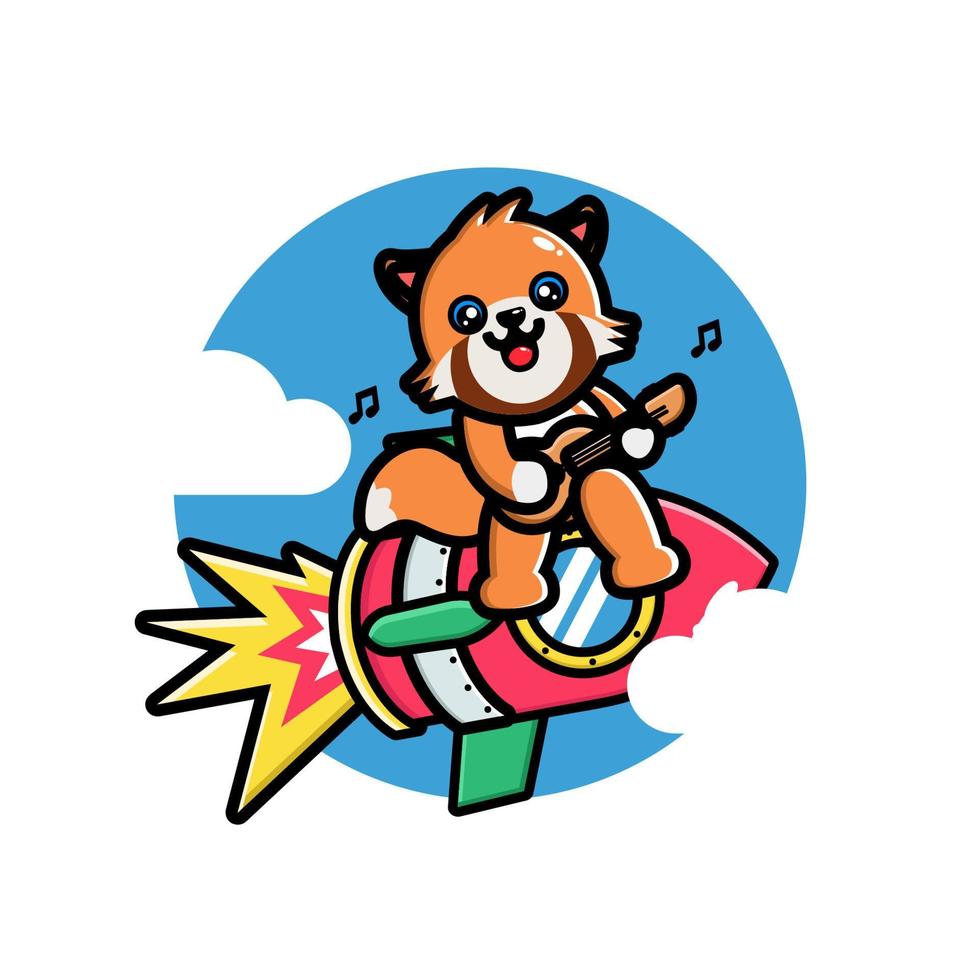 Cute red panda playing guitar on the rocket vector