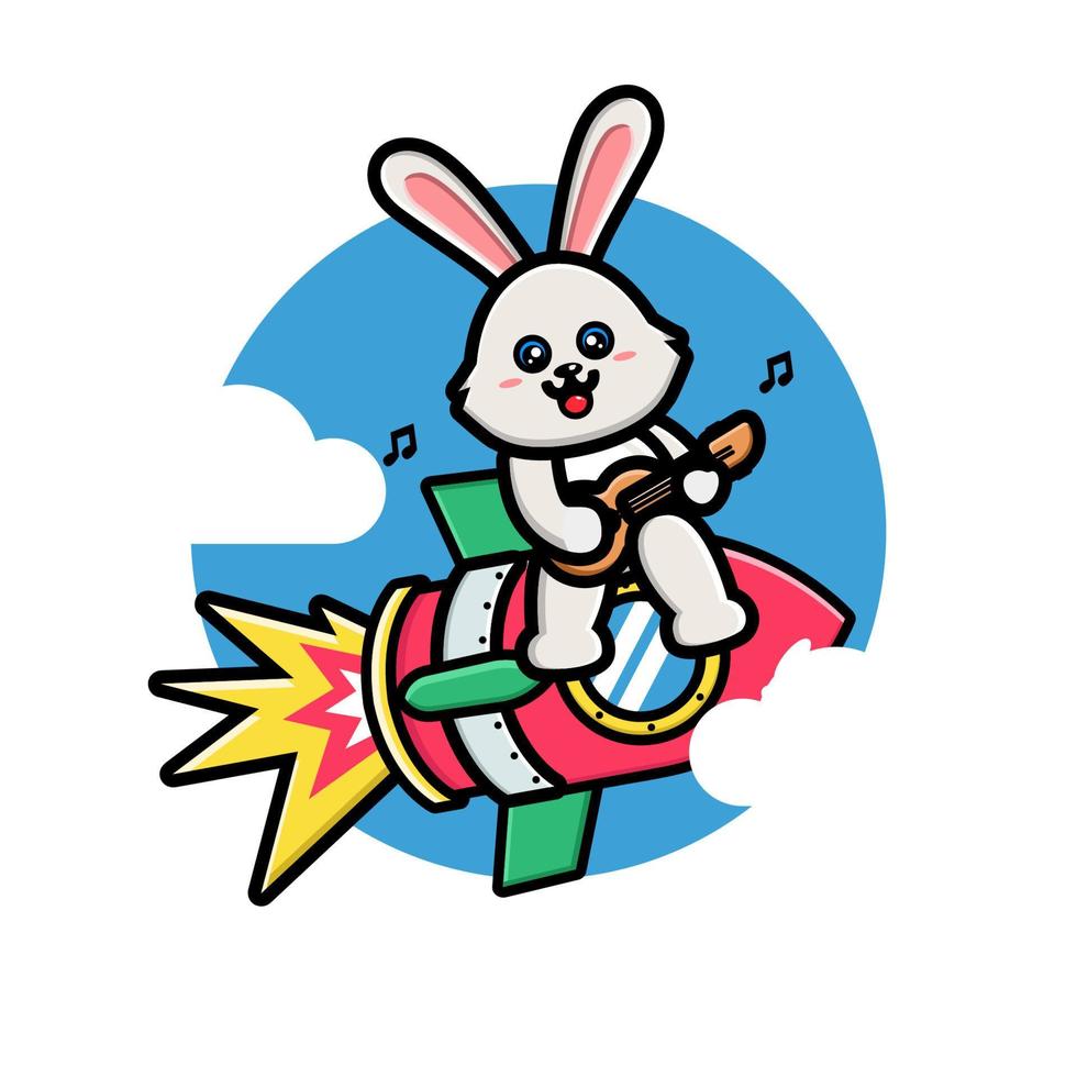 Cute rabbit playing guitar on the rocket vector