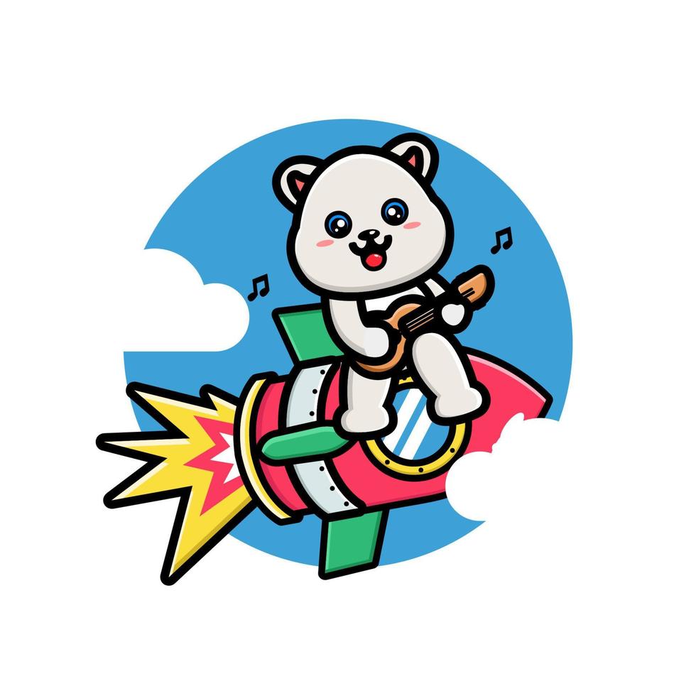 Cute polar playing guitar on the rocket vector