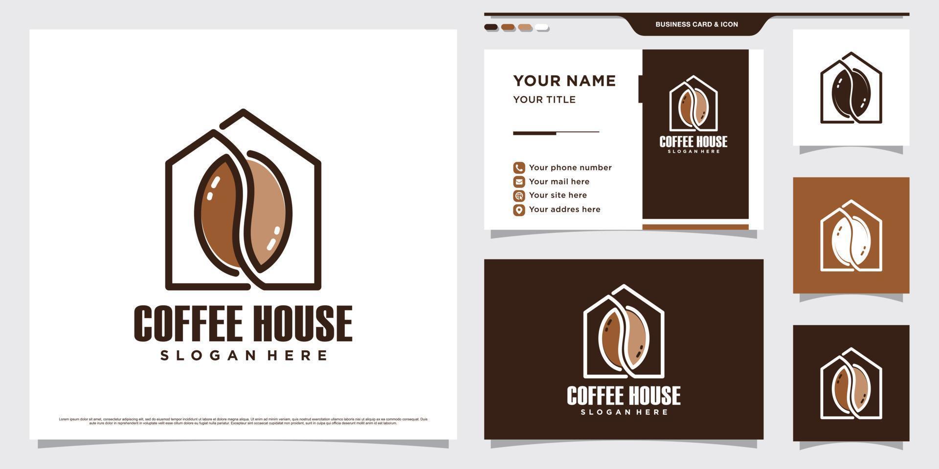 Coffee logo design vector illustration with house icon and business card template