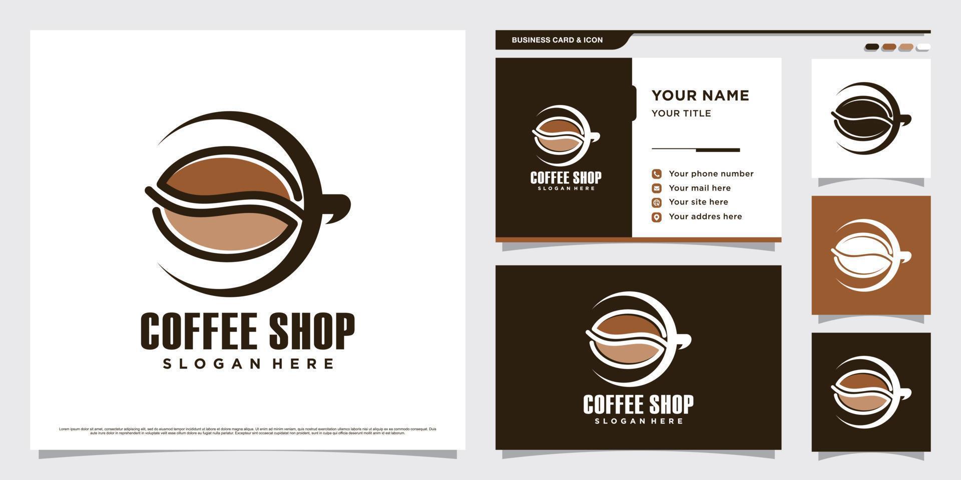 Coffee shop logo design illustration with coffee cup icon and business card template vector