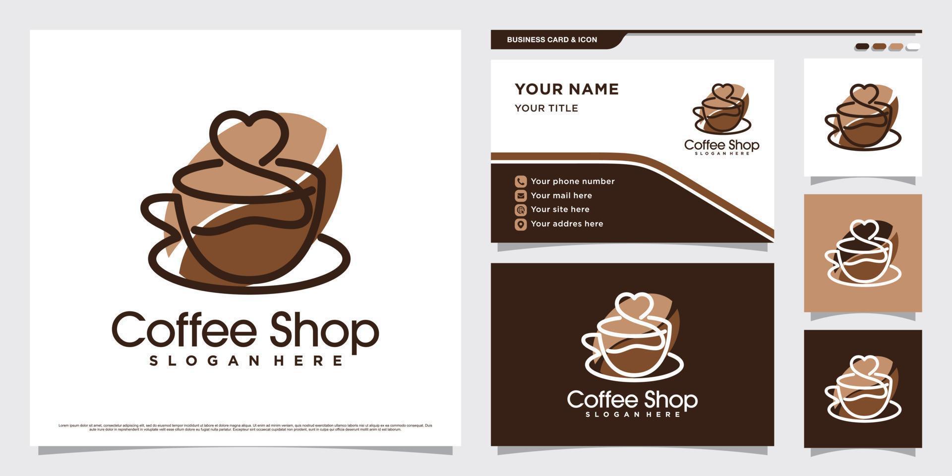 Coffee shop logo design illustration with coffee cup icon and business card template vector