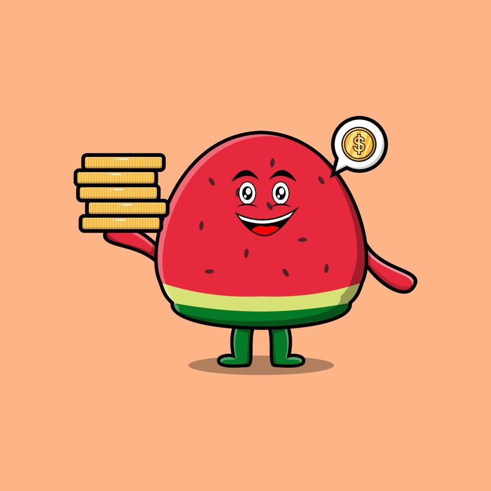 Cute cartoon watermelon hold in stacked gold coin vector