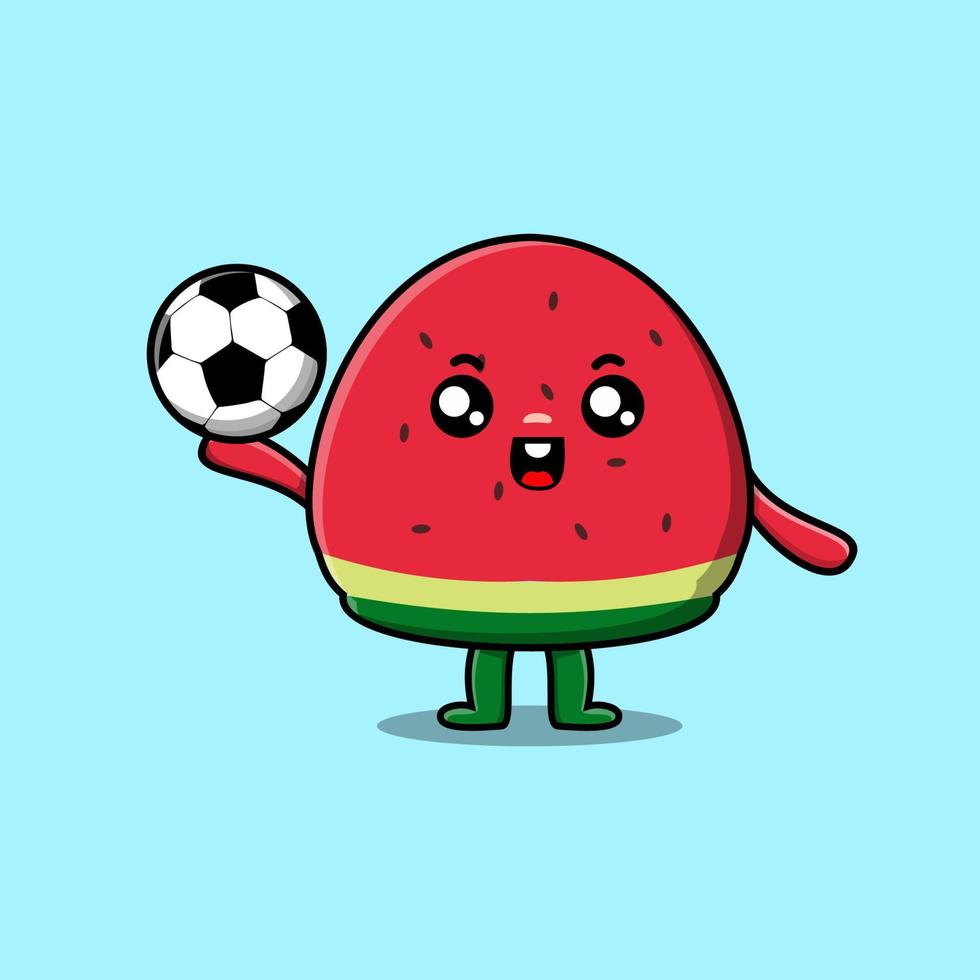 lindo personaje de sandía de dibujos animados jugando al fútbol vector