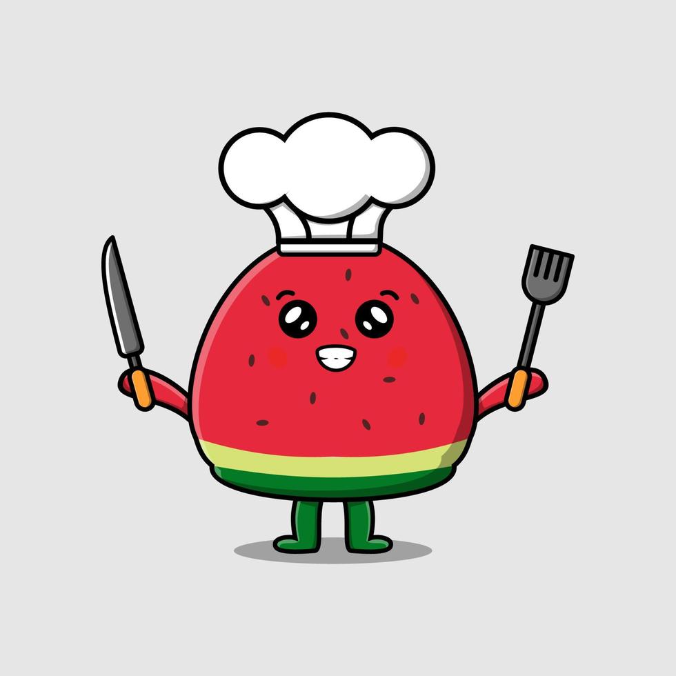 Cute cartoon watermelon chef hold knife and fork vector