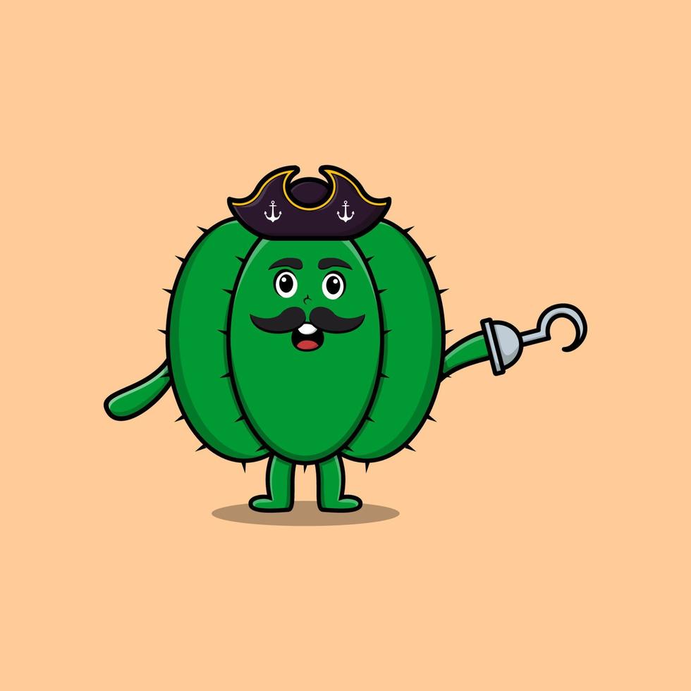 lindo cactus pirata de dibujos animados con mano de gancho vector