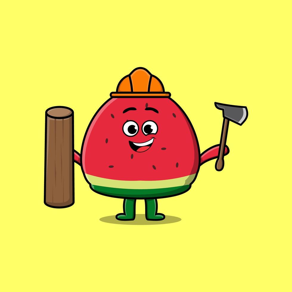 Cute cartoon watermelon carpenter with ax and wood vector