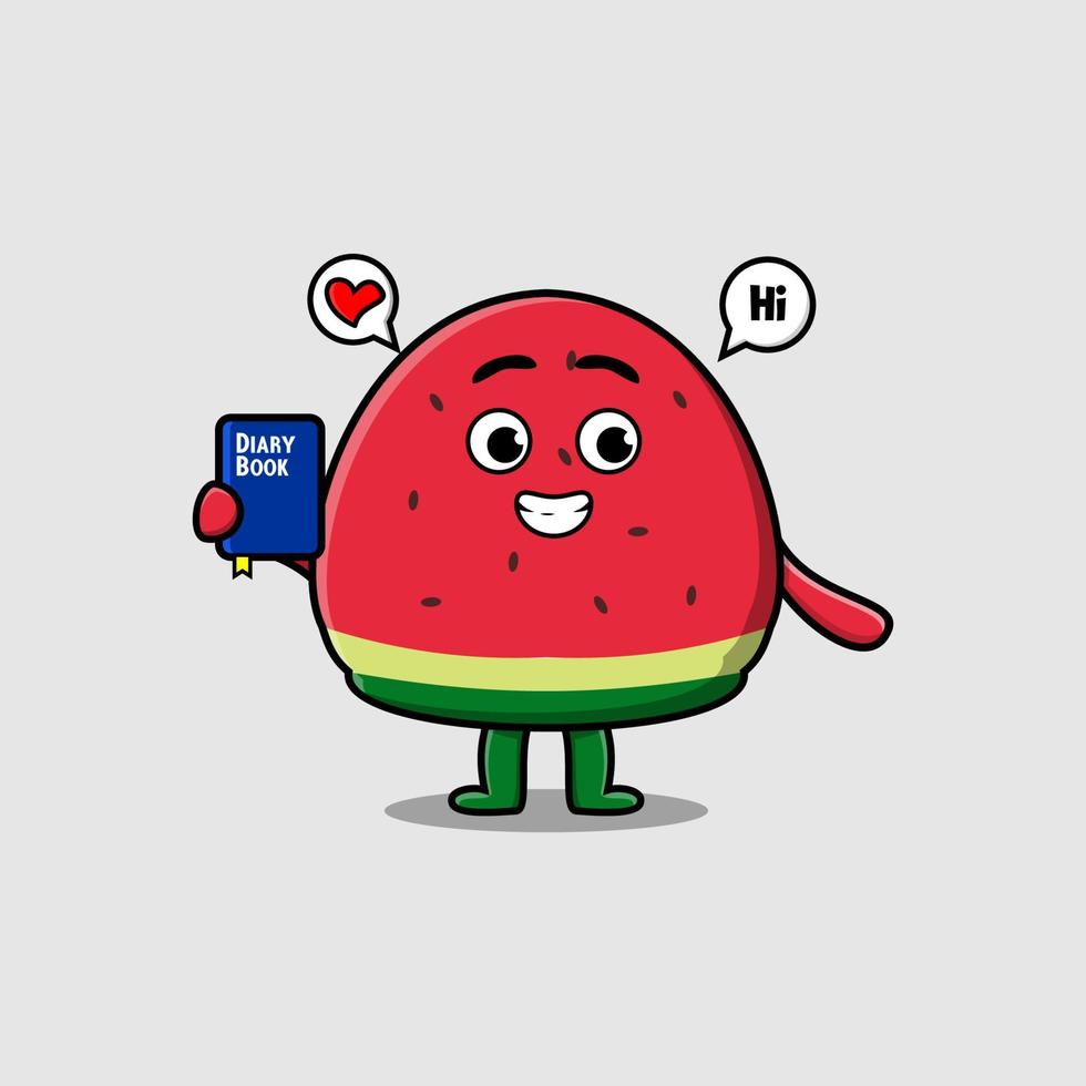 Cute cartoon watermelon character holding book vector