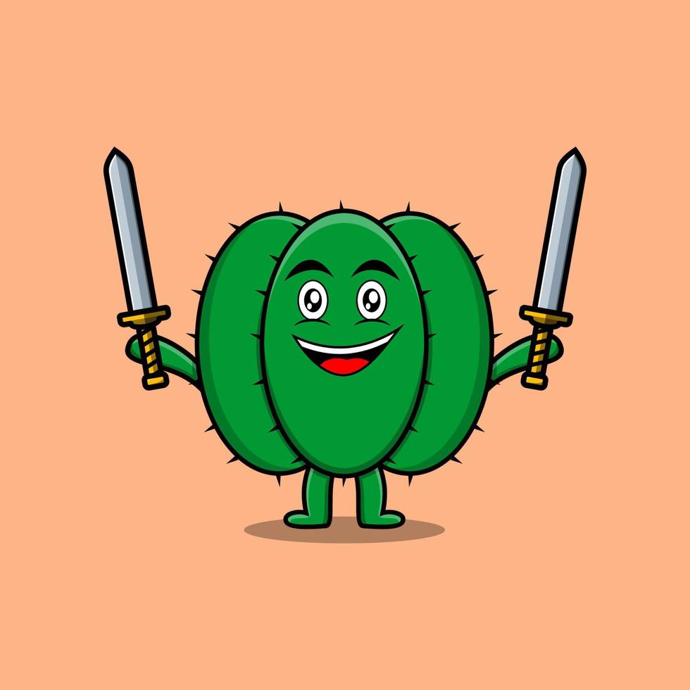 Cute cartoon cactus character holding two sword vector