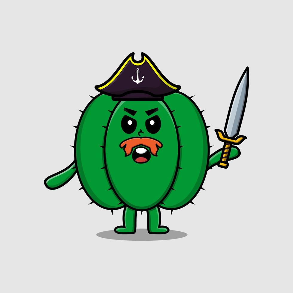 cartoon cactus pirate with hat and holding sword vector
