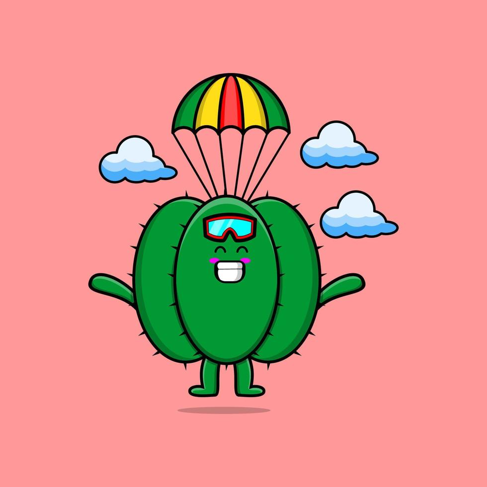 Cute cartoon cactus skydiving with parachute vector