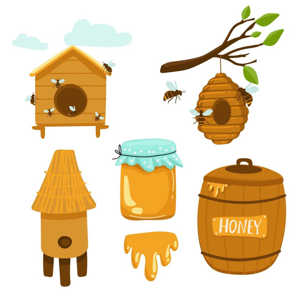 producción de miel productos y equipos de la granja apícola, frascos de vidrio, colmena de abejas en el árbol, cucharón de madera y barril con tazón, panales, líquido dulce, alimentos saludables. ilustración vectorial de dibujos animados, conjunto de iconos vector