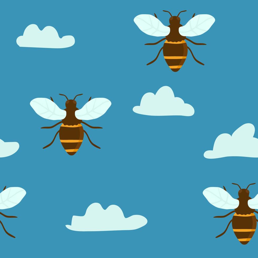 vector de patrones sin fisuras con fondo de flores y abejas de dibujos animados voladores. ilustración para niños utilizada para revistas, libros, afiches, tarjetas, páginas web.