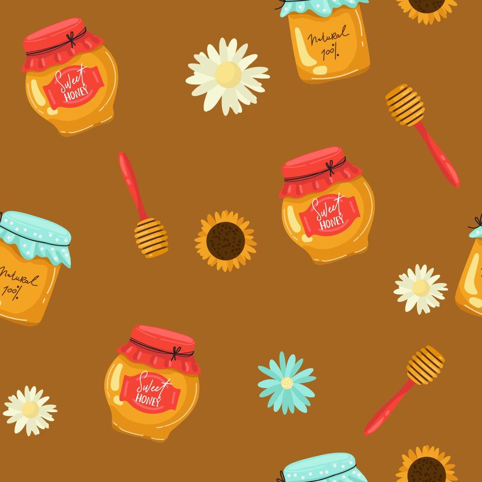 patrón impecable con tarro de miel, girasol, hojas y cuchara sobre un fondo oscuro. productos de miel ideal para textiles, papel de envolver, papeles pintados. vector