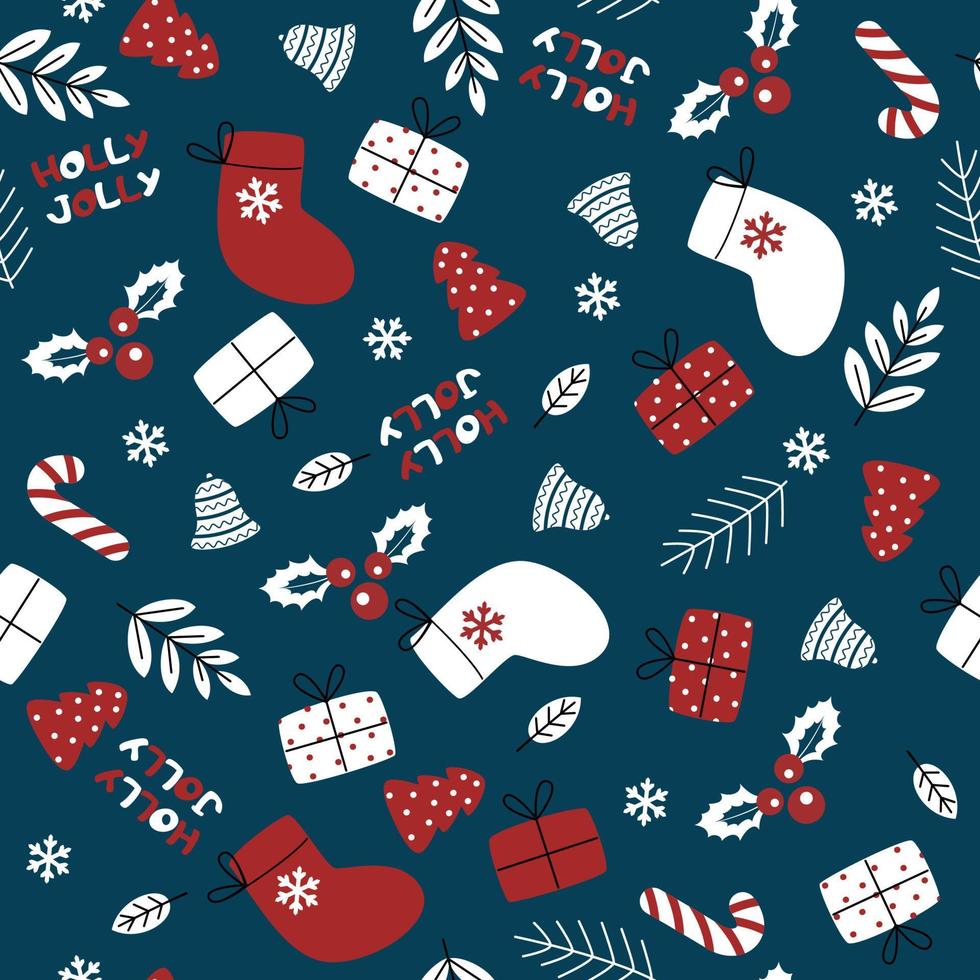 Christmas design elements - berry, branches, snowflake, bell, bow, poinsettia, acorns, fir trees, gift and candy cane. Seamless pattern perfect for greeting cards vector