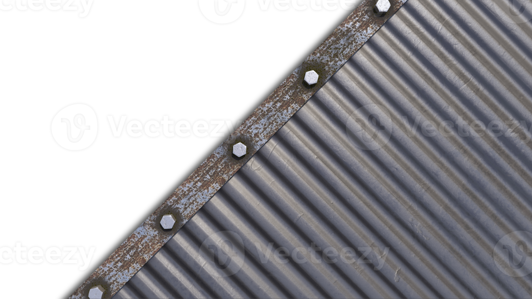 A 3d rendering image of a rust steel frame on old metal sheet wall and roof panel png