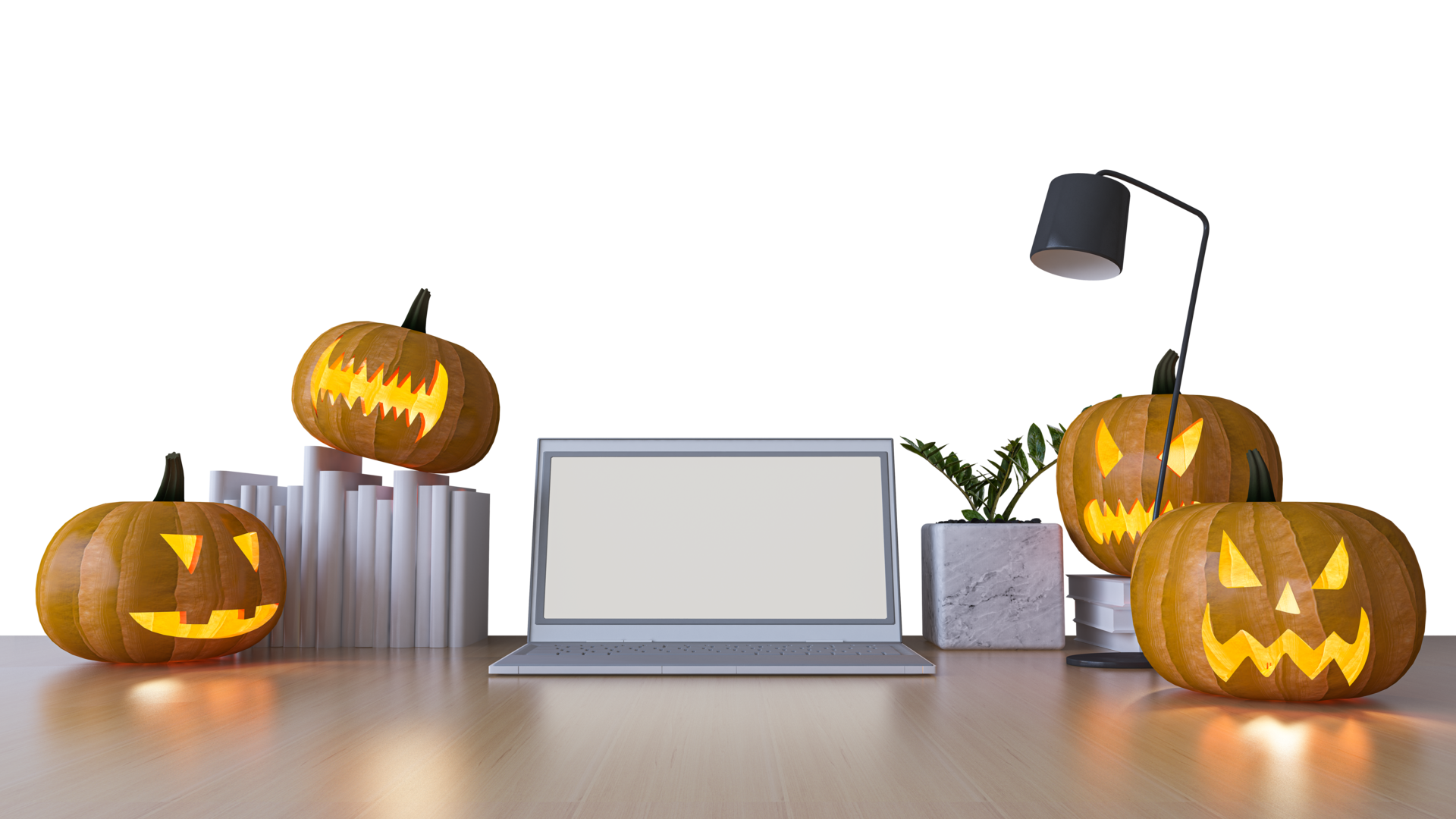 3d rendering image of working table with pumpkin head 12176987 PNG