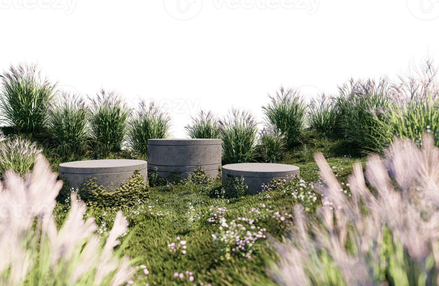 A 3d rendering image of product display on grass field png