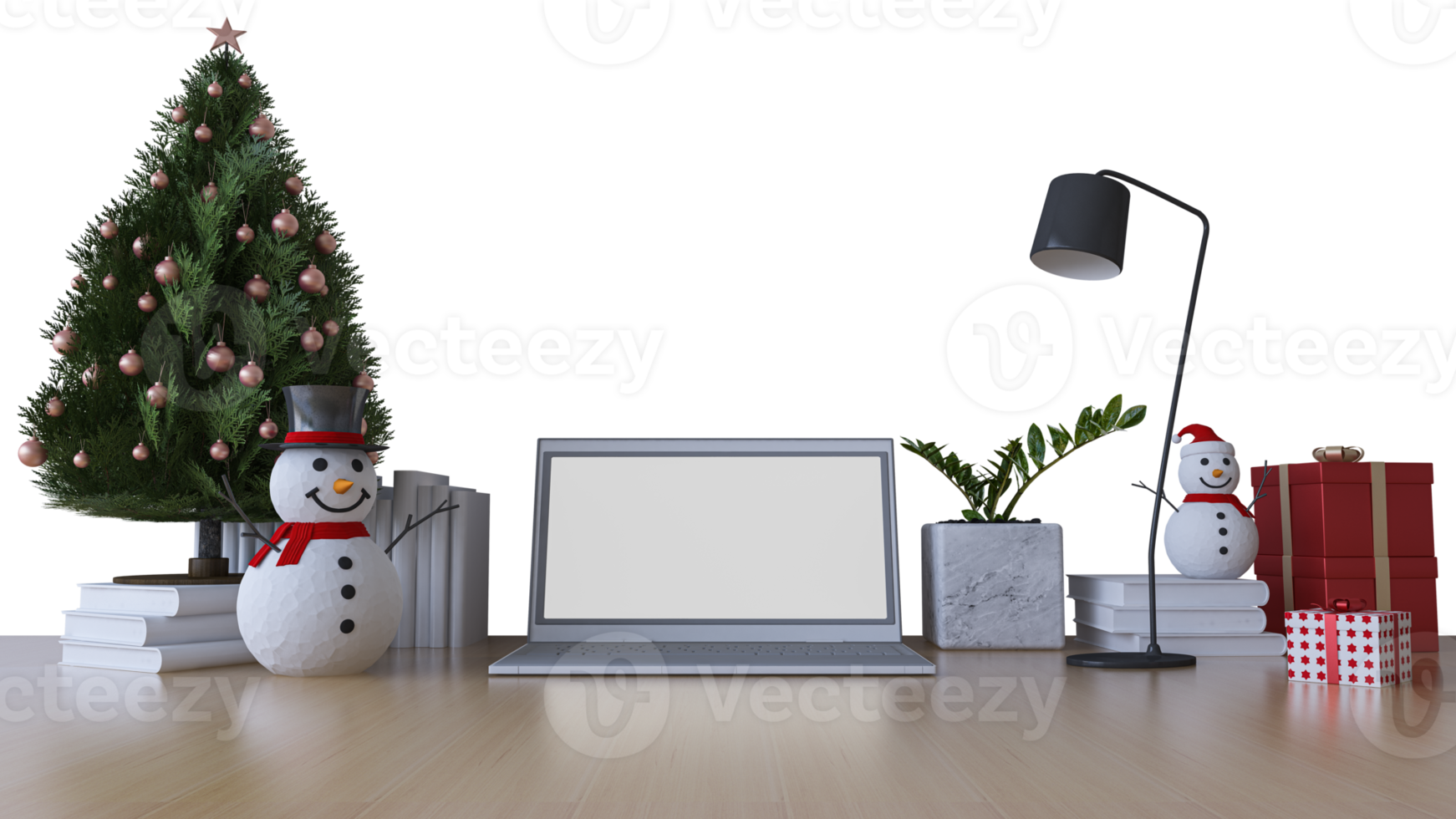 Mockup of 3Ds rendering of christmas tree and snow man on the table png