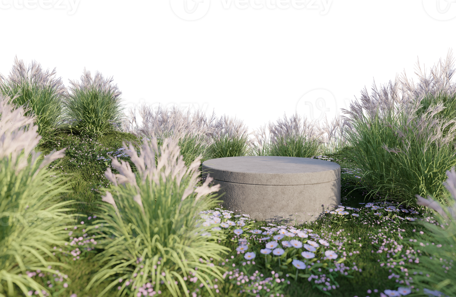 A 3d rendering image of product display on grass field png