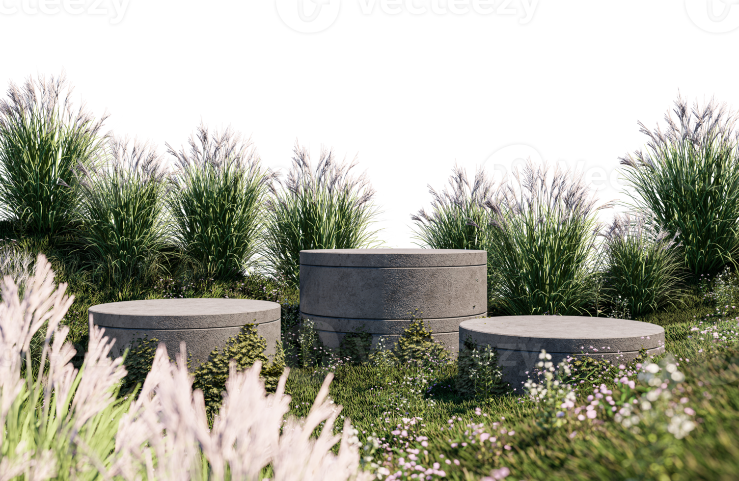 A 3d rendering image of product display on grass field png