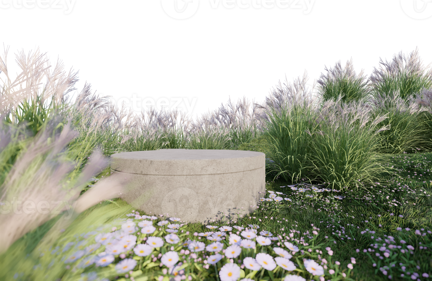 A 3d rendering image of product display on grass field png