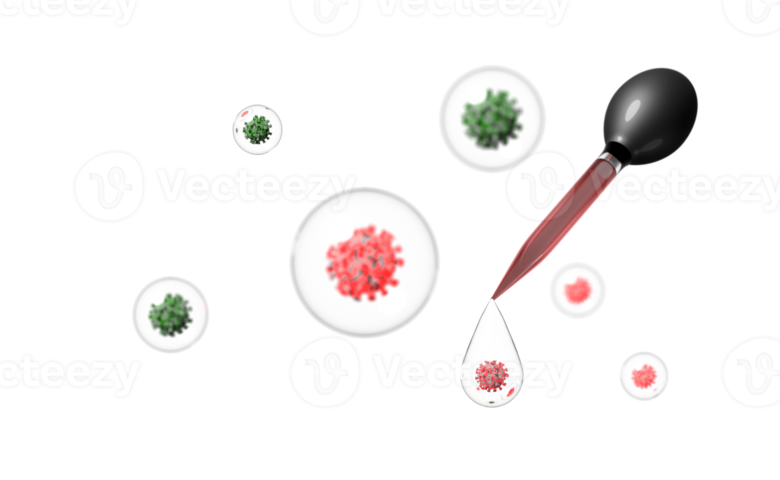 virus de la molécule dans un liquide avec un compte-gouttes en verre, illustration de rendu 3d png