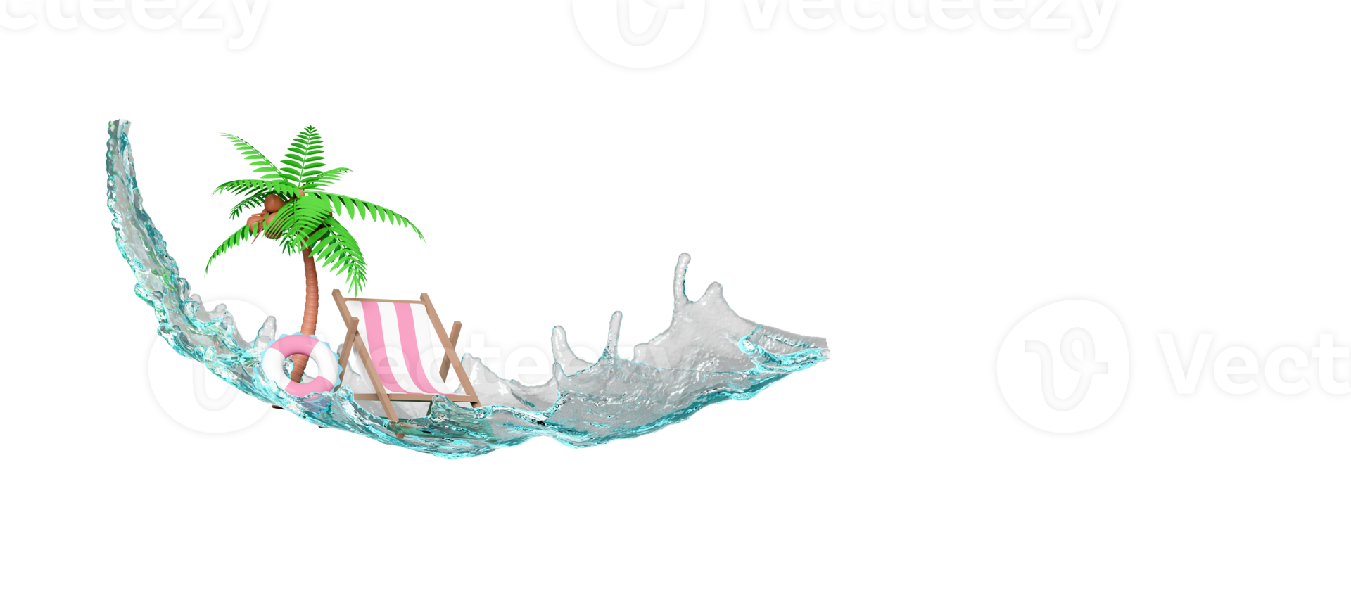 water splash with beach chair, palm tree, lifebuoy, space isolated. summer travel concept, 3d render illustration png