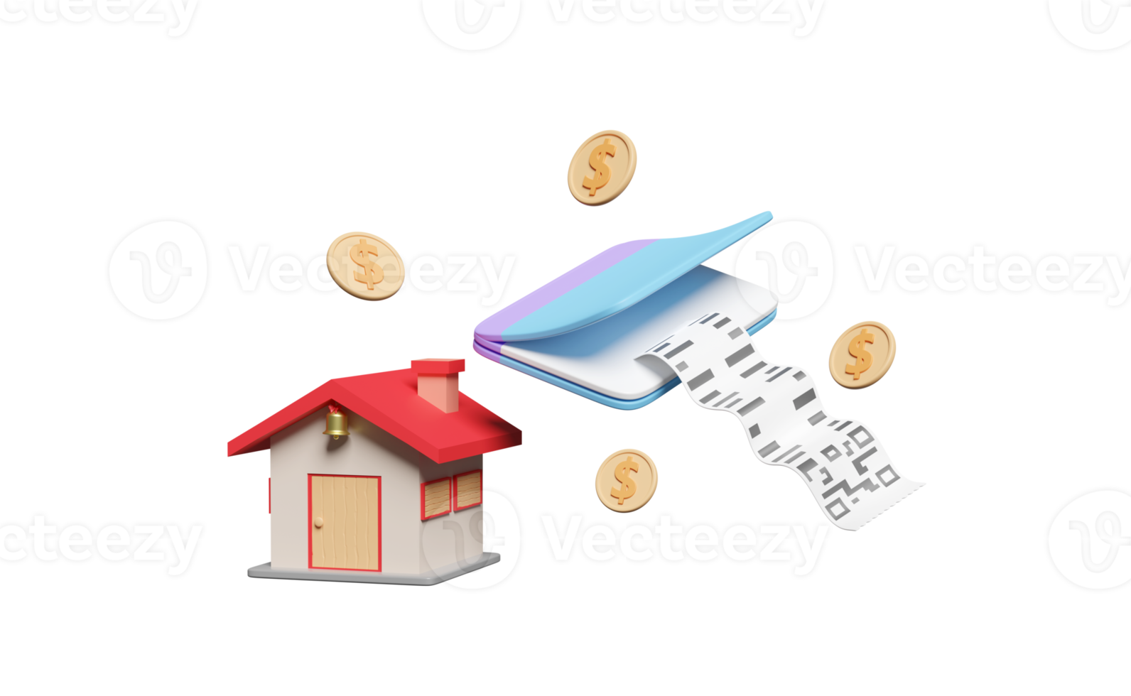 maison 3d avec livre ouvert de compte bancaire, livret, pièces d'argent en dollars isolées. facture, facture électronique, concept d'économie d'argent, illustration de rendu 3d png