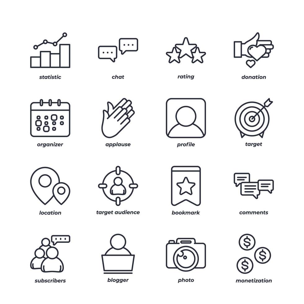 blogger line icons set, outline vector symbol collection, linear style pictogram pack. Signs, logo illustration.