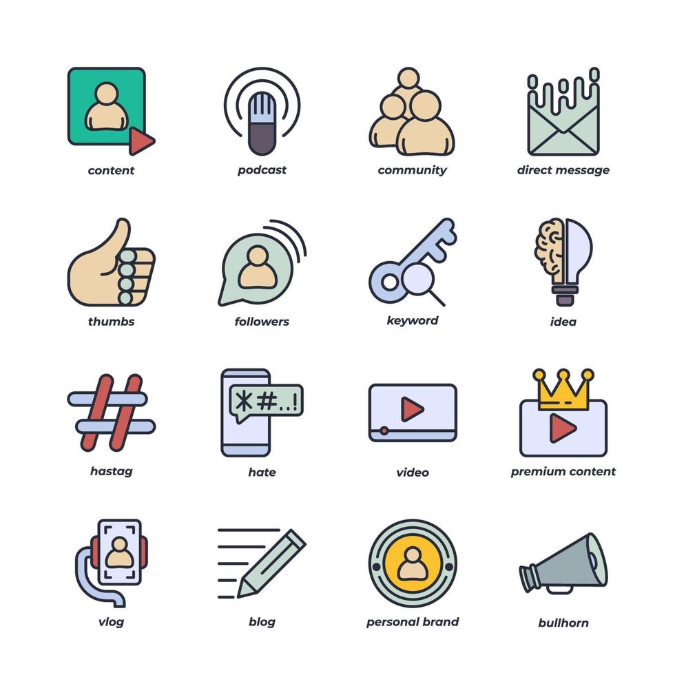 blogger elements collection, flat icons set, Colorful symbols pack. Vector illustration. Flat style design