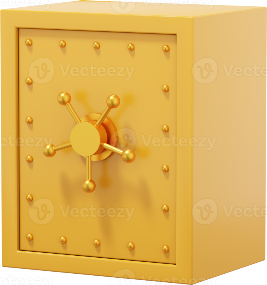 Retro safe with wheel handles. Yellow close storage. PNG icon on transparent background. 3D rendering.