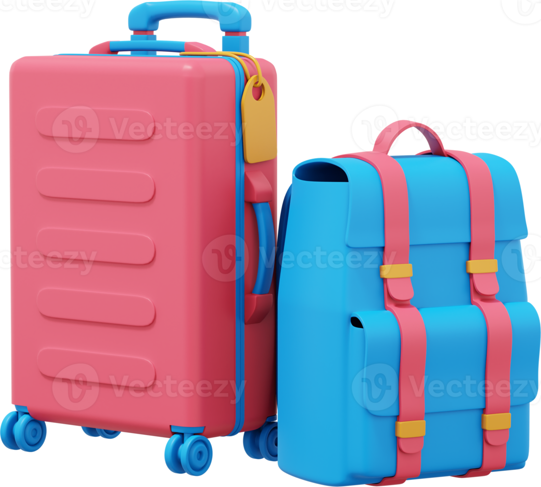 Travel suitcase on wheels and travel backpack. PNG icon on transparent background. 3D rendering.