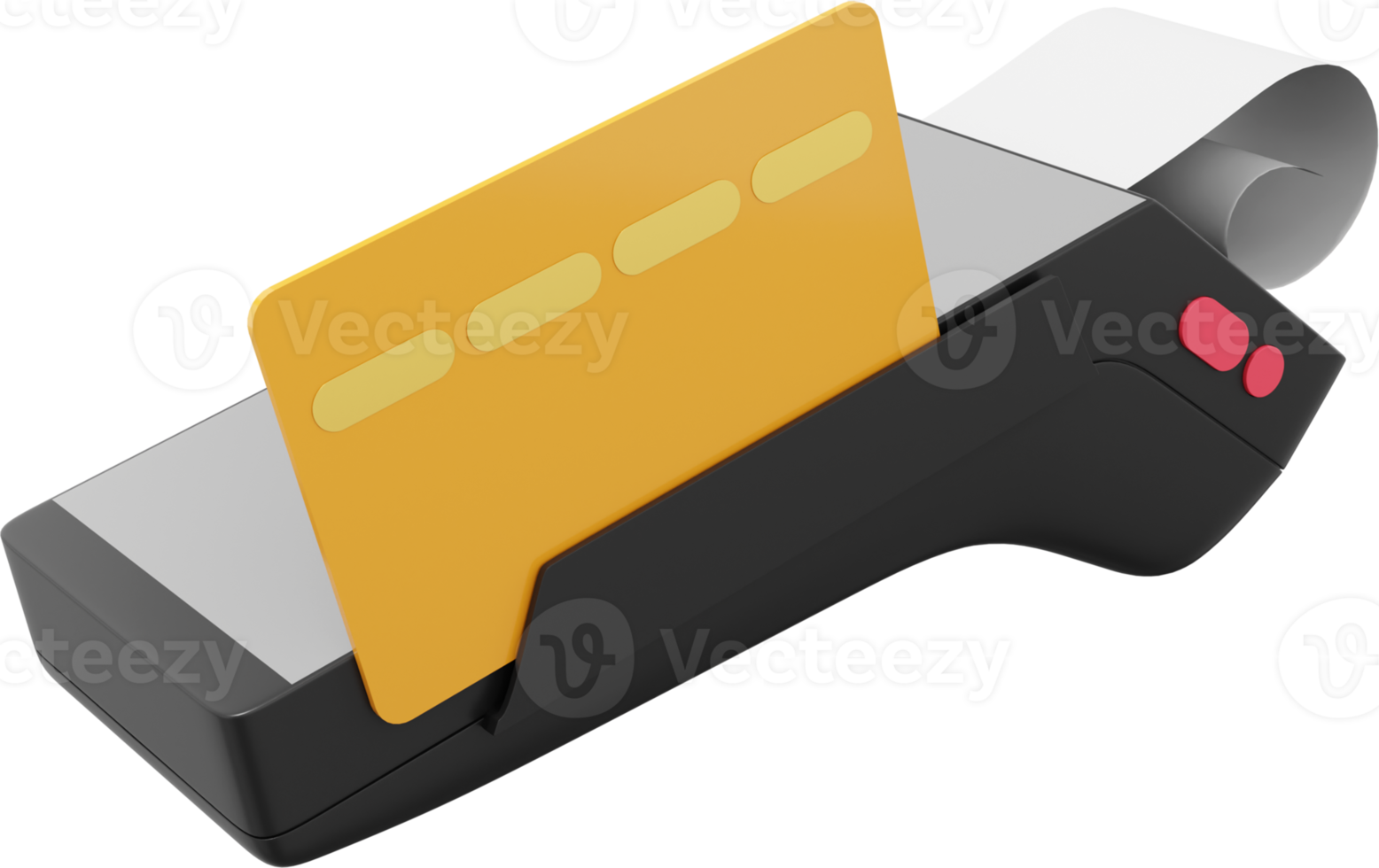 POS Terminal GPRS point with Paper Receipt and a credit card. Mockup screen. Payment Machine. NFC PNG on a transparent background. 3D rendering.